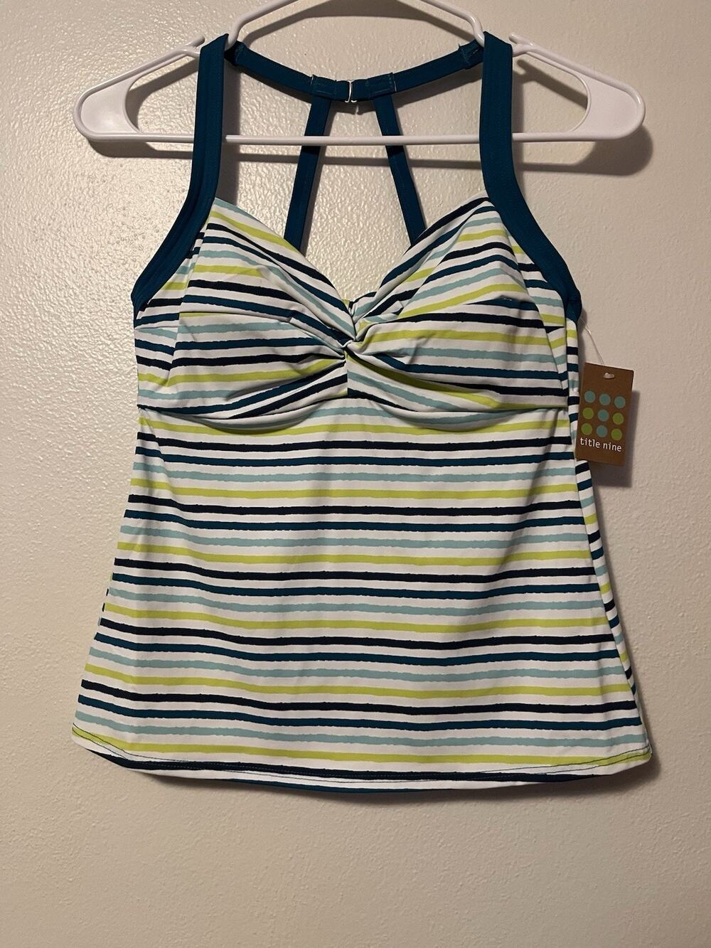 New Title Nine Pele Tankini Top 32D Teal Blue Swim Strappy Underwire Bra Striped